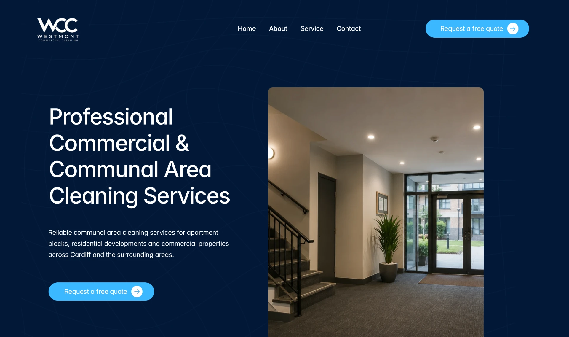 Westmont Commercial Cleaning home page before the refresh, showing the previous dark blue layout